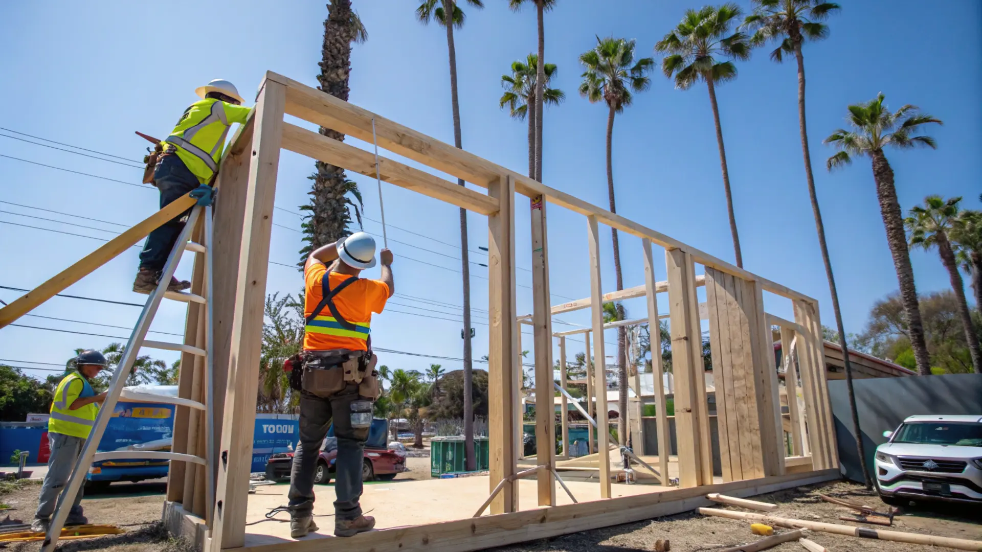 Professional ADU construction team building wooden frame structure in Southern California