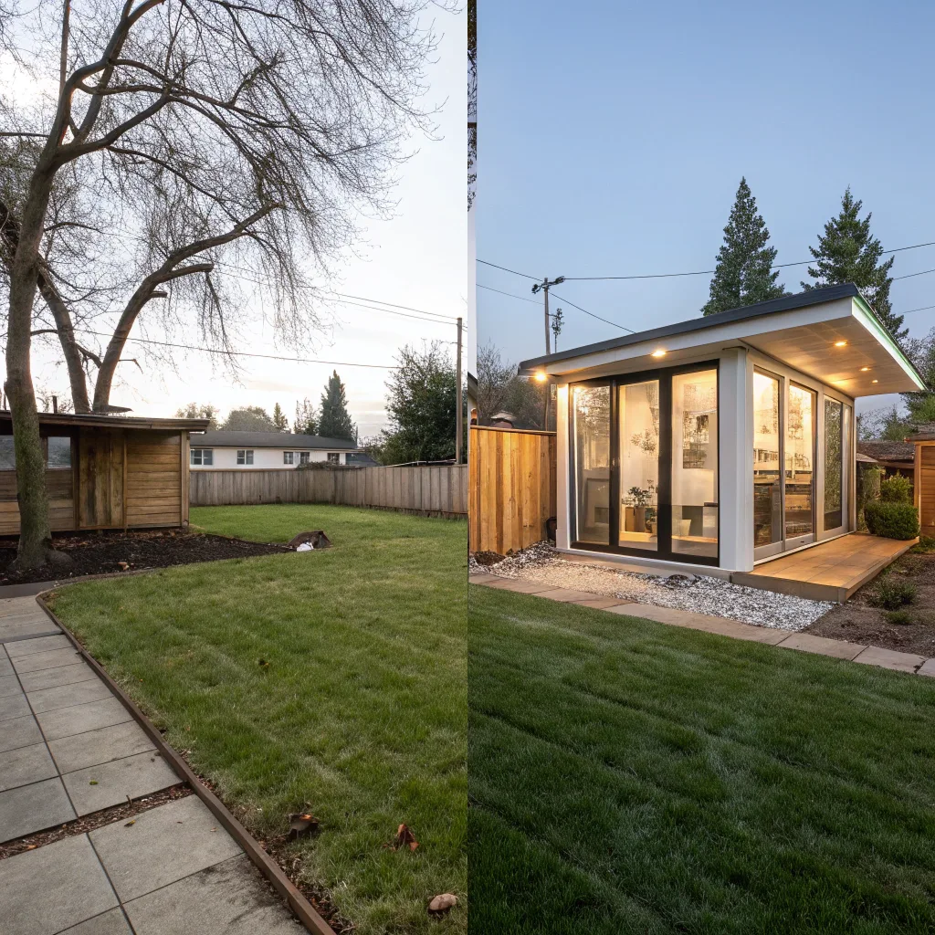 Before and after ADU transformation - from old shed to modern living space