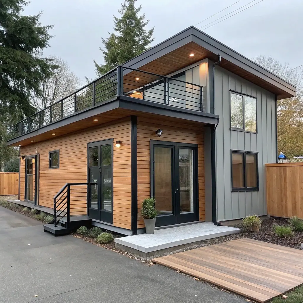 Modern two-story detached ADU with wood and gray siding, balcony, and professional landscaping