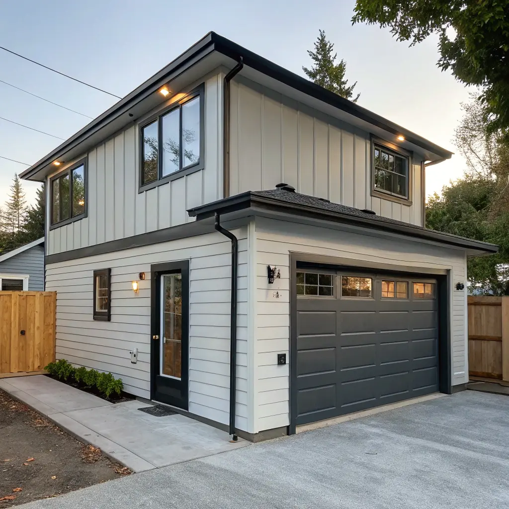 Two-story garage conversion ADU with living space above garage