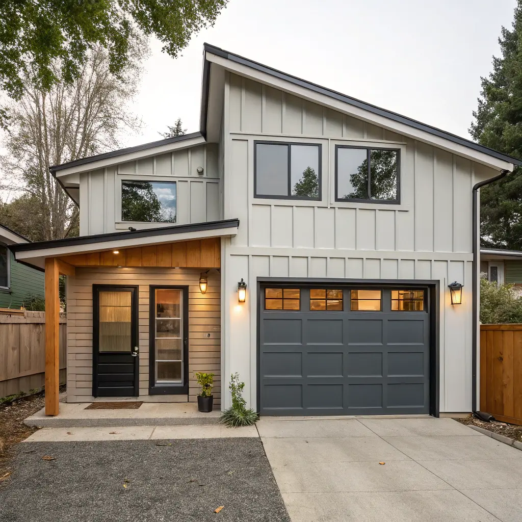 Garage conversion ADU with integrated design featuring wood and light siding